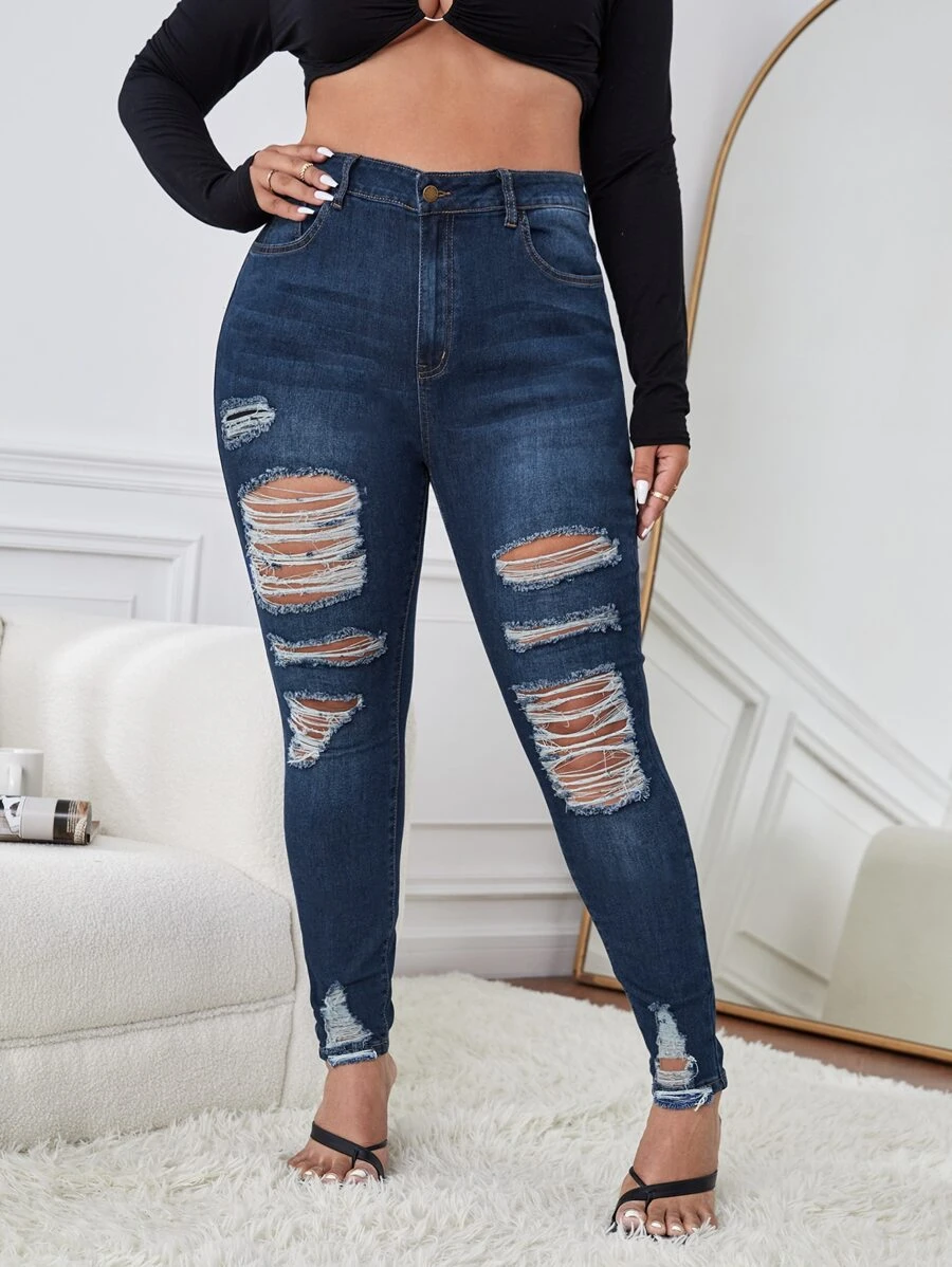SHEIN Essnce Quần Denim kích thước lớn Nút Túi Bị tách Dây kéo màu trơn - Rửa tối - Xem 1