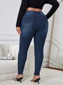 SHEIN Essnce Quần Denim kích thước lớn Nút Túi Bị tách Dây kéo màu trơn - Rửa tối - Xem 2