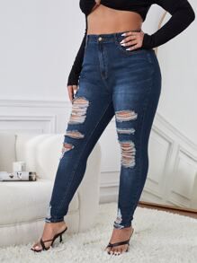 SHEIN Essnce Quần Denim kích thước lớn Nút Túi Bị tách Dây kéo màu trơn - Rửa tối - Xem 3