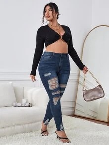 SHEIN Essnce Quần Denim kích thước lớn Nút Túi Bị tách Dây kéo màu trơn - Rửa tối - Xem 4