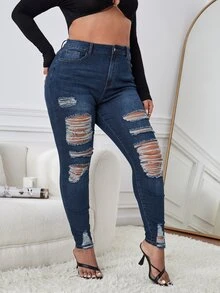 SHEIN Essnce Quần Denim kích thước lớn Nút Túi Bị tách Dây kéo màu trơn - Rửa tối - Xem 5