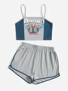 ROMWE Color-block Letter PJ Set - Light Grey - View 1