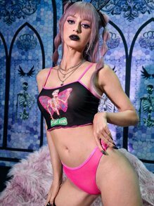 ROMWE Goth Letter Skull Graphic Contrast Binding Lingerie Set - Multicolor - View 1