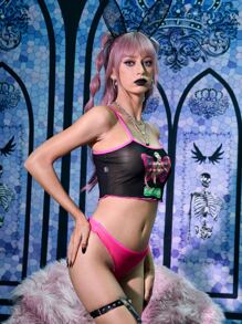 ROMWE Goth Letter Skull Graphic Contrast Binding Lingerie Set - Multicolor - View 4