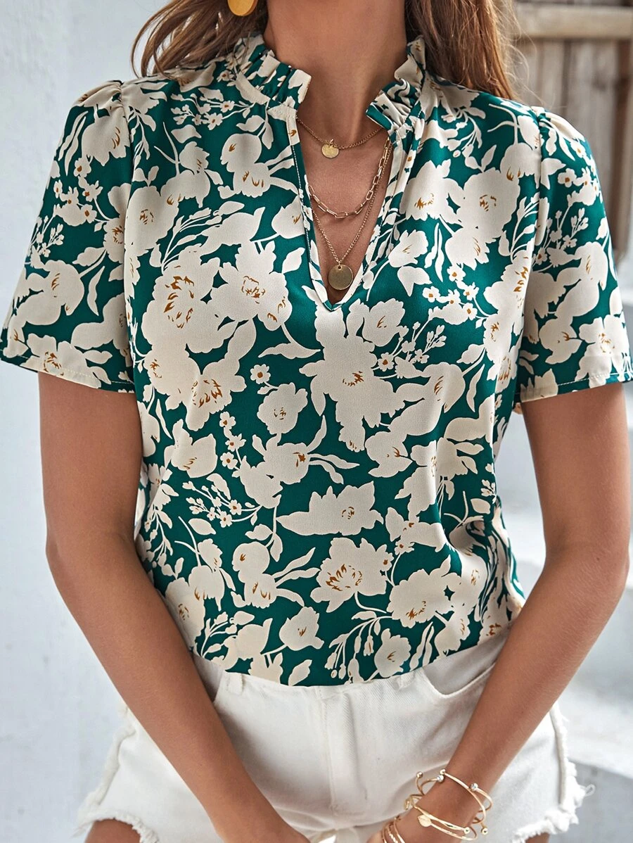 SHEIN Clasi Blusa con estampado floral fruncido de cuello de muesca de manga farol - Multicolor - Ver 1