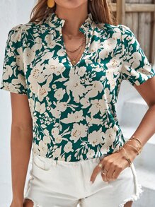 SHEIN Clasi Blusa con estampado floral fruncido de cuello de muesca de manga farol - Multicolor - Ver 3