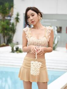 Contrast Lace Ruffle Trim Ruched Tankini Summer Beach