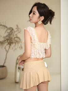 Contrast Lace Ruffle Trim Ruched Tankini Summer Beach