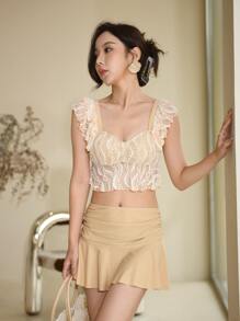 Contrast Lace Ruffle Trim Ruched Tankini Summer Beach