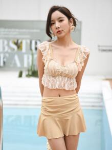 Contrast Lace Ruffle Trim Ruched Tankini Summer Beach