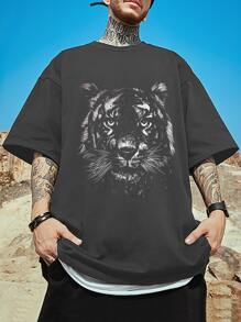 Manfinity Hombres Camiseta con estampado de tigre 3D - Gris Oscuro - Ver 1