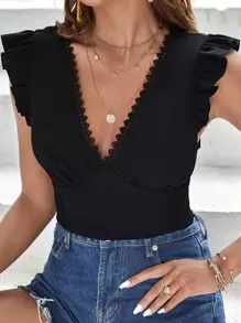 SHEIN Frenchy Guipure Lace Trim Butterfly Sleeve Ruched Crop Blouse Summer Black Black - Black - View 4