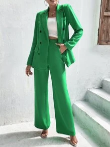 SHEIN Unity Double Breasted Blazer & Tailored Trousers - Green - View 1