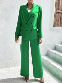 SHEIN Unity Double Breasted Blazer & Tailored Trousers - Green - View 3