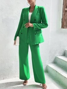 SHEIN Unity Double Breasted Blazer & Tailored Trousers - Green - View 4