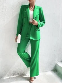 SHEIN Unity Double Breasted Blazer & Tailored Trousers - Green - View 5