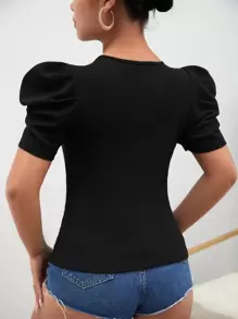 SHEIN Privé Maglietta collo a cuore con manica a sbuffo - nero - Visualizzare 3