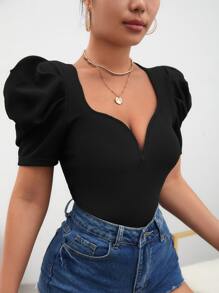 SHEIN Privé Maglietta collo a cuore con manica a sbuffo - nero - Visualizzare 4