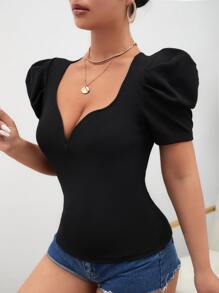 SHEIN Privé Maglietta collo a cuore con manica a sbuffo - nero - Visualizzare 5