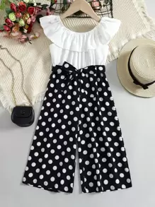 da bambine Tute a pois con bordo a volant con cintura