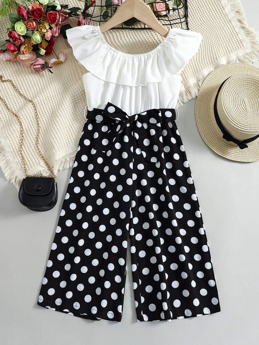 da bambine Tute a pois con bordo a volant con cintura