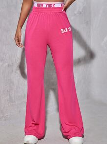 SHEIN EZwear Pantalones con estampado de letra 2 en 1 - Rosa Fucsia - Ver 2