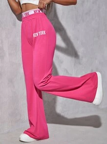 SHEIN EZwear Pantalones con estampado de letra 2 en 1 - Rosa Fucsia - Ver 4