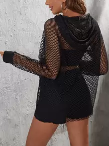 SHEIN Essnce Raglan Sleeve Hollow Out Drawstring Hoodie Without Bandeau In Fall/Winter - Black - View 2