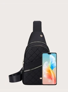 Minimalist Classic Sling Bag Solid Color Quilted Chest Bag Women's Zipper Chest Bag Mini Minimalist Quilted Earphone Hole Design Sling Bag - Black - View 6