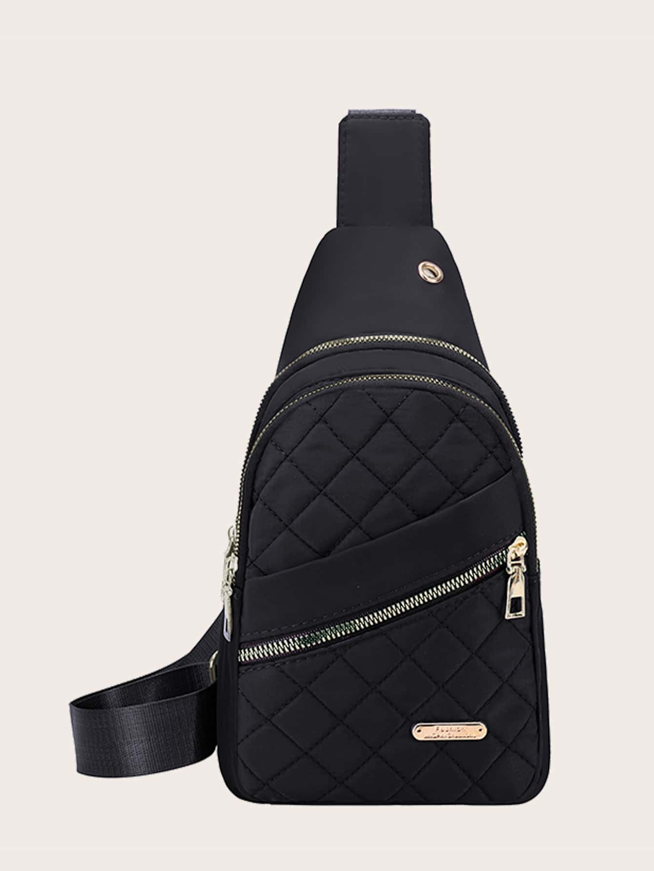 Minimalist Classic Sling Bag Solid Color Quilted Chest Bag Women's Zipper Chest Bag Mini Minimalist Quilted Earphone Hole Design Sling Bag - Black - View 1