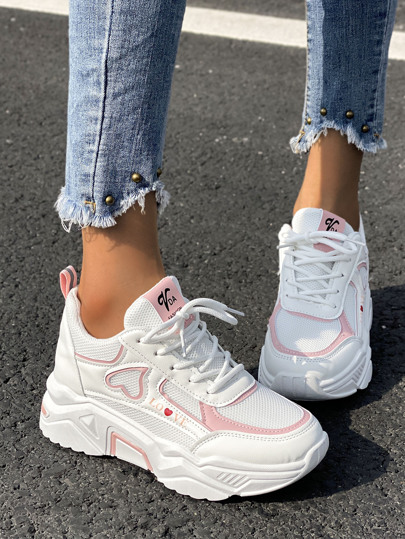 Donna con grafica lettera e cuore lacci davanti Sneakers con zeppe , sportivo bianco antiscivolo traspirante Scarpe grosse