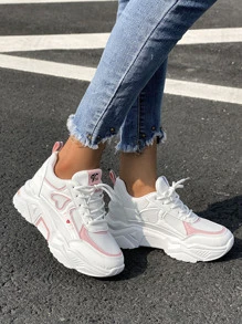 Donna con grafica lettera e cuore lacci davanti Sneakers con zeppe , sportivo bianco antiscivolo traspirante Scarpe grosse