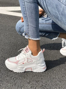 Donna con grafica lettera e cuore lacci davanti Sneakers con zeppe , sportivo bianco antiscivolo traspirante Scarpe grosse