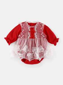Peninsula Baby 女嬰前蝴蝶結網紗拼接連身背心 - 紅白色 - 查看 1