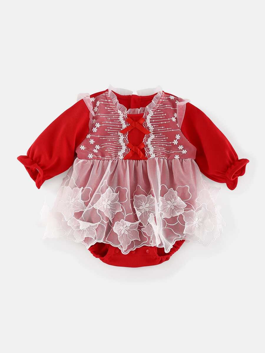 Peninsula Baby 女嬰前蝴蝶結網紗拼接連身背心 - 紅白色 - 查看 1