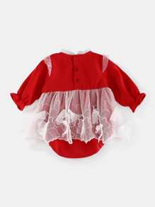 Peninsula Baby 女嬰前蝴蝶結網紗拼接連身背心 - 紅白色 - 查看 2