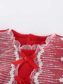 Peninsula Baby 女嬰前蝴蝶結網紗拼接連身背心 - 紅白色 - 查看 8