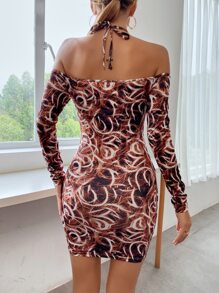 Allover Print Halter Neck Bodycon Dress - Multicolor - View 2
