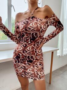 Allover Print Halter Neck Bodycon Dress - Multicolor - View 4