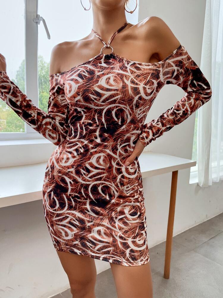 Vestido ajustado con estampado de cuello halter - Multicolor - Añade 4