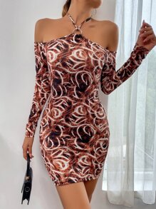 Allover Print Halter Neck Bodycon Dress - Multicolor - View 5