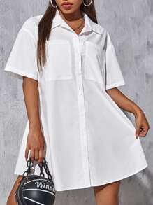 SHEIN EZwear 落肩袖口袋貼布襯衫洋裝 - 白色 - 查看 1