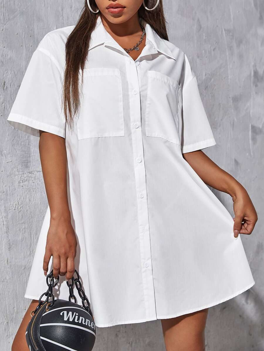 SHEIN EZwear 落肩袖口袋貼布襯衫洋裝 - 白色 - 查看 1
