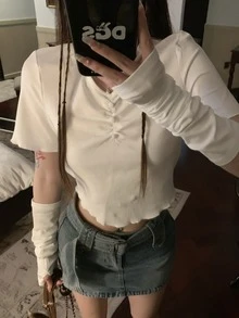 素色木耳邊褶邊短款T恤帶袖子