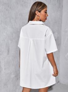 SHEIN EZwear 落肩袖口袋貼布襯衫洋裝 - 白色 - 查看 2