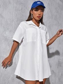 SHEIN EZwear 落肩袖口袋貼布襯衫洋裝 - 白色 - 查看 3