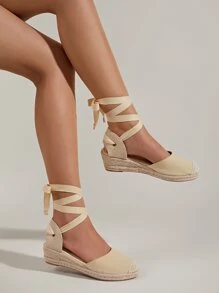 Canvas Tie Leg Design Espadrille Court Wedges - Apricot - View 2