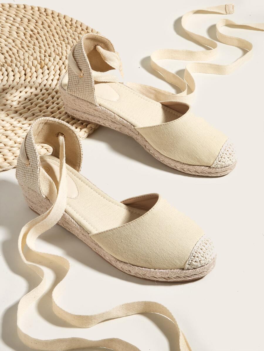 Canvas Tie Leg Design Espadrille Court Wedges - Apricot - View 1