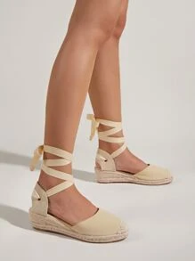 Canvas Tie Leg Design Espadrille Court Wedges - Apricot - View 3