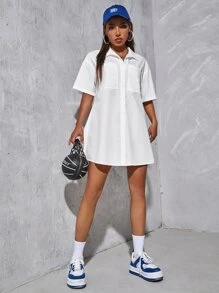 SHEIN EZwear 落肩袖口袋貼布襯衫洋裝 - 白色 - 查看 4